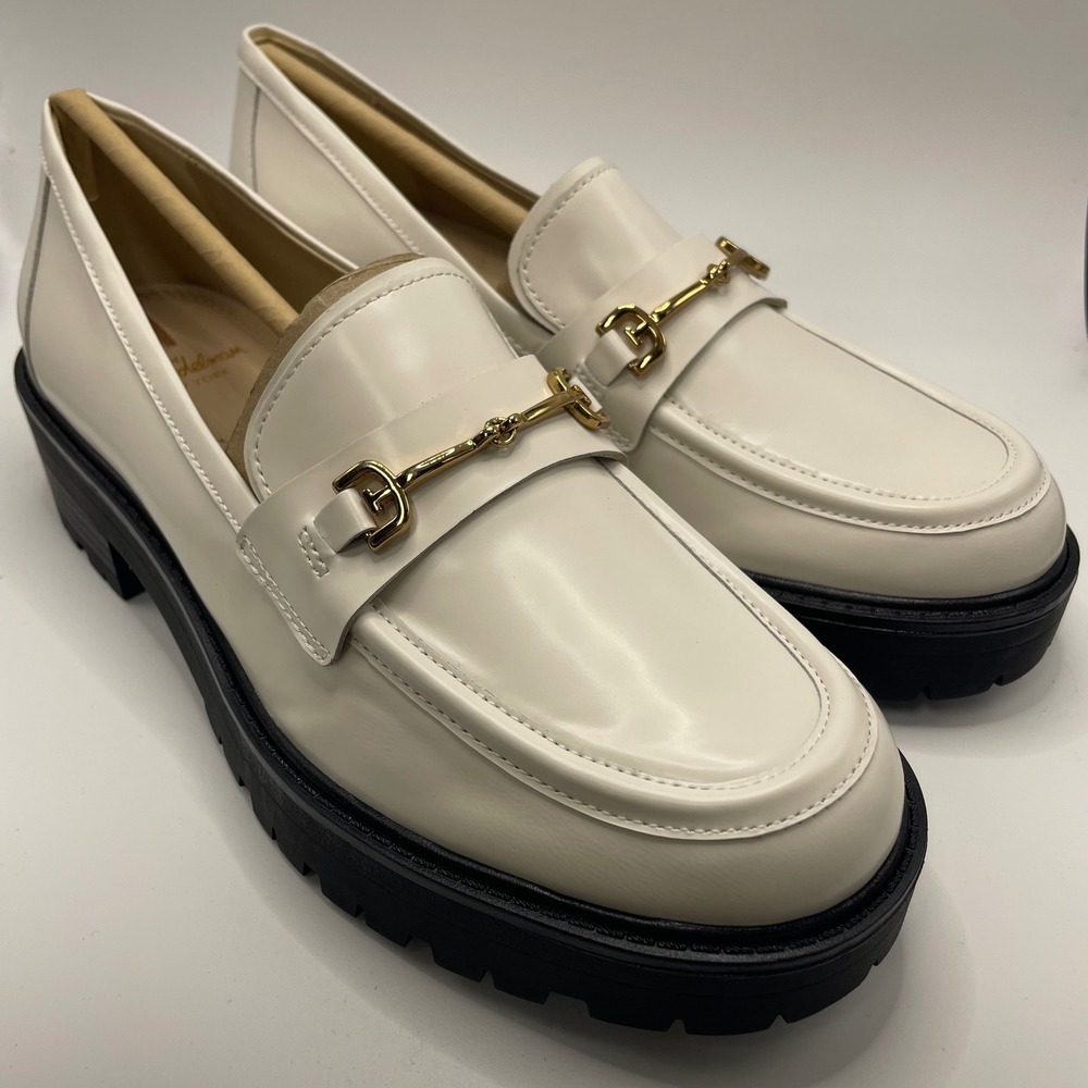 Sam Edelman Tully Loafer Women 7.5 White Shiny Box Leather Lug Sole Horsebit